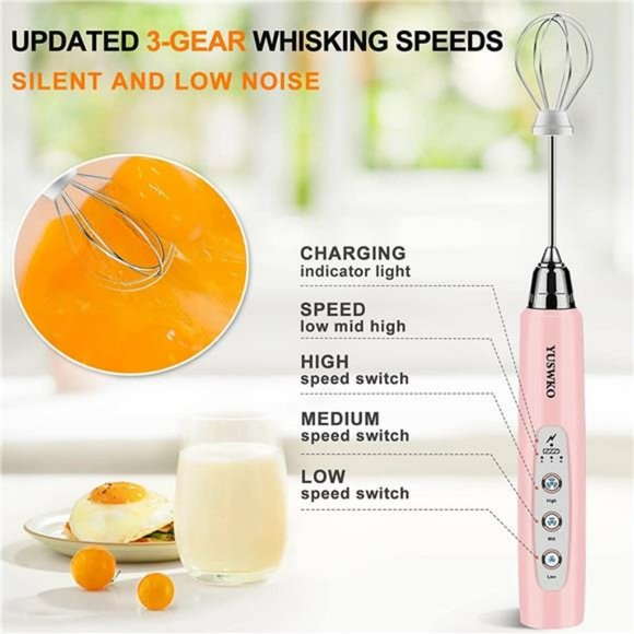 Milk Frother Handheld with 3 Heads, Coffee Whisk Drink Foam Mixer - Pink - Picture 3 of 6